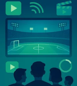 A family watches a soccer game on a screen, with stadium lights and various streaming icons around them